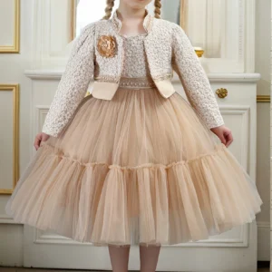 Girls Dress Set Spring Autumn Khaki Lotus Lace