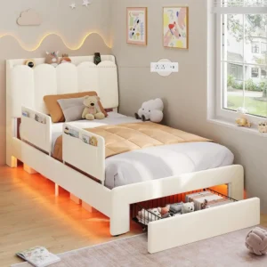 DICTAC Twin Size LED Bed with Storage Drawer and Safety Guardrails