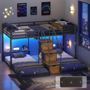 ADORNEVE Triple Bunk Bed Twin Over Twin with Storage Staircase