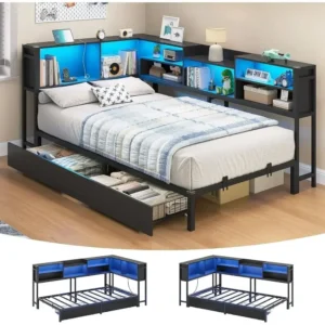 Twin Daybed with 2 Drawers, Storage Bookcase, Charging Station, LED Lights