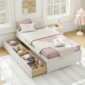 White Twin Platform Bed with 2 Storage Drawers
