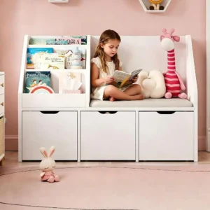 39.4'' Kids Bookshelf with Reading Nook, Toy Storage Organizer with Cushioned Bench, 3 Movable Drawers.