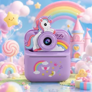 Cute purple unicorn kids camera, photo thermal printing